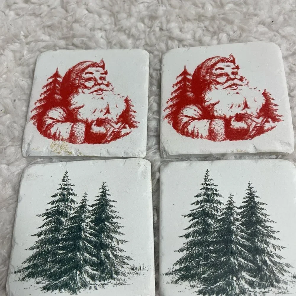 Set of four Red Santa and Ever green tree Stone coasters